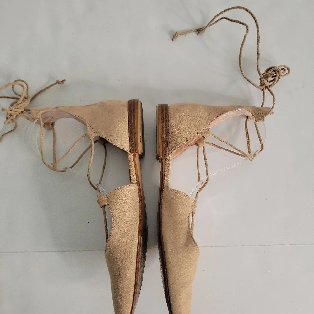 Zara Sz 38 8 Suede Lace Up Pointed Toe Ballet Flats Shoes Tan - Picture 4 of 8